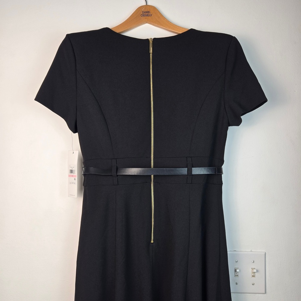 NWT Calvin Klein Black Belted A-Line Midi Dress Short Sleeve Gold Zip 10 - Picture 3 of 16